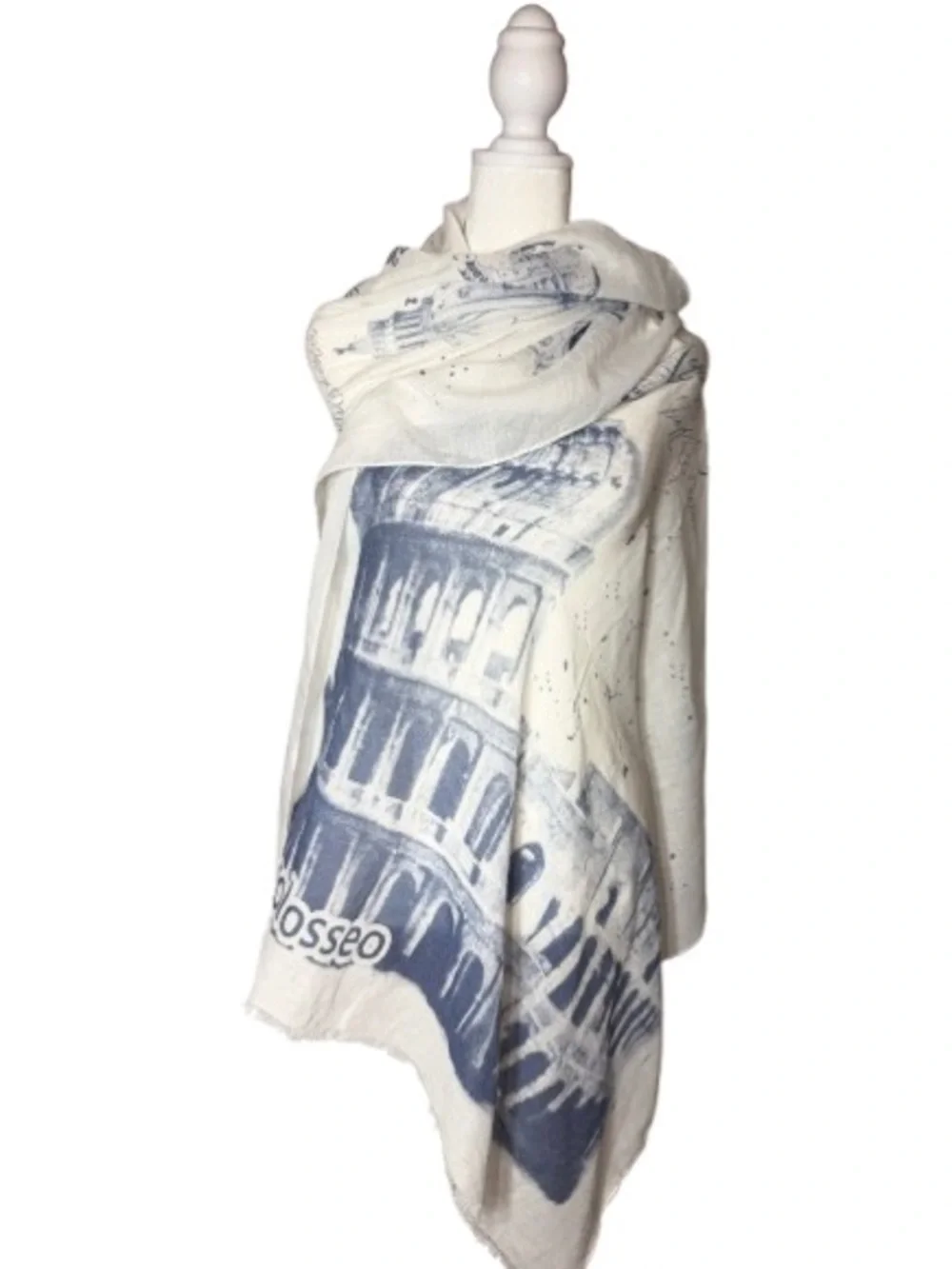White & Blue Scarf, Shawl, Poncho Sheer Rome, Italy Theme with Fringe